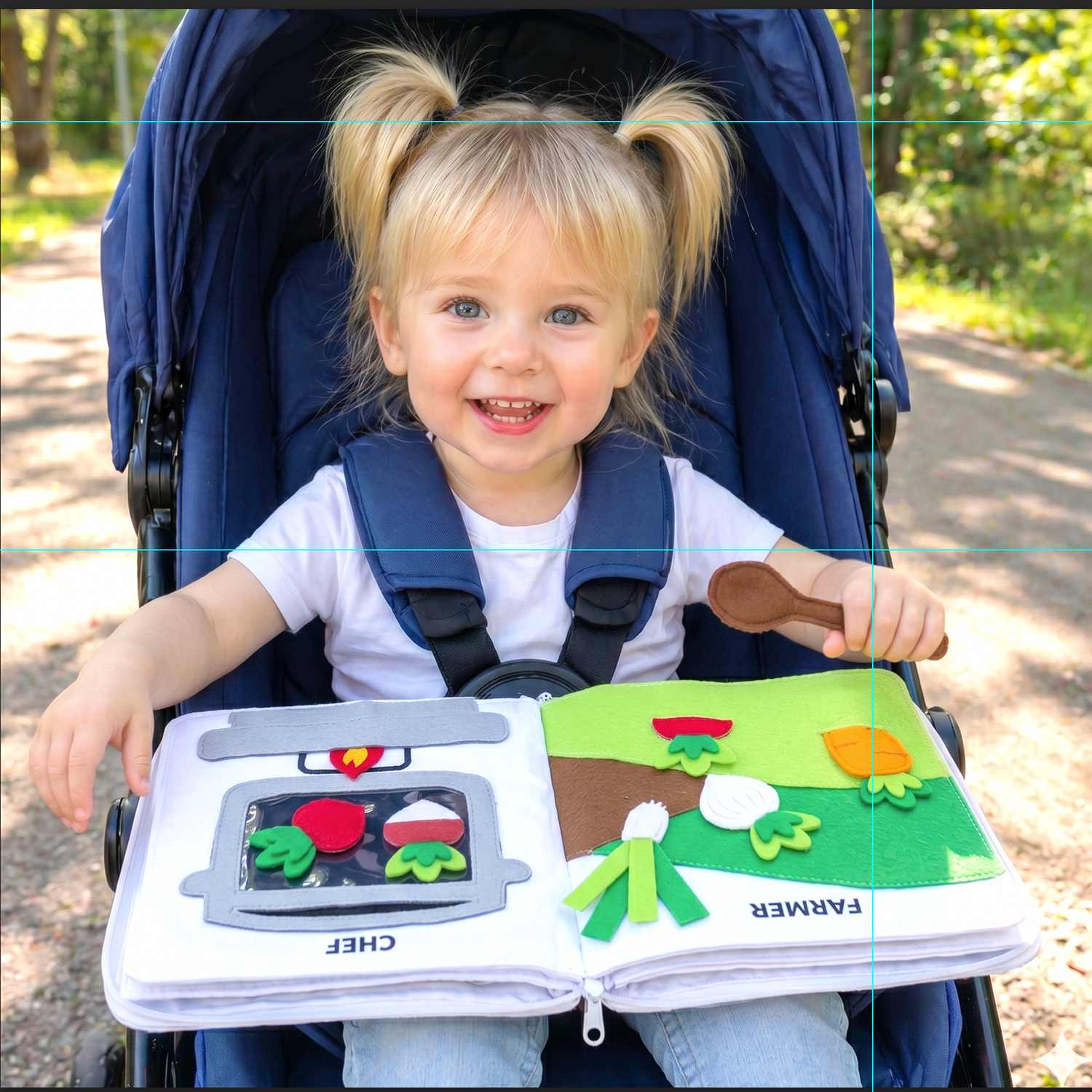 Toddler in a stroller holding an educational book outdoors