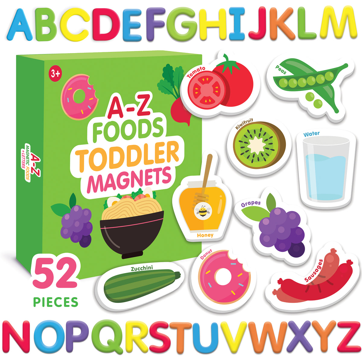Curious Columbus Magnetic Foods and Letters – 52 Piece Alphabet &amp; Food Magnet Set [3+]