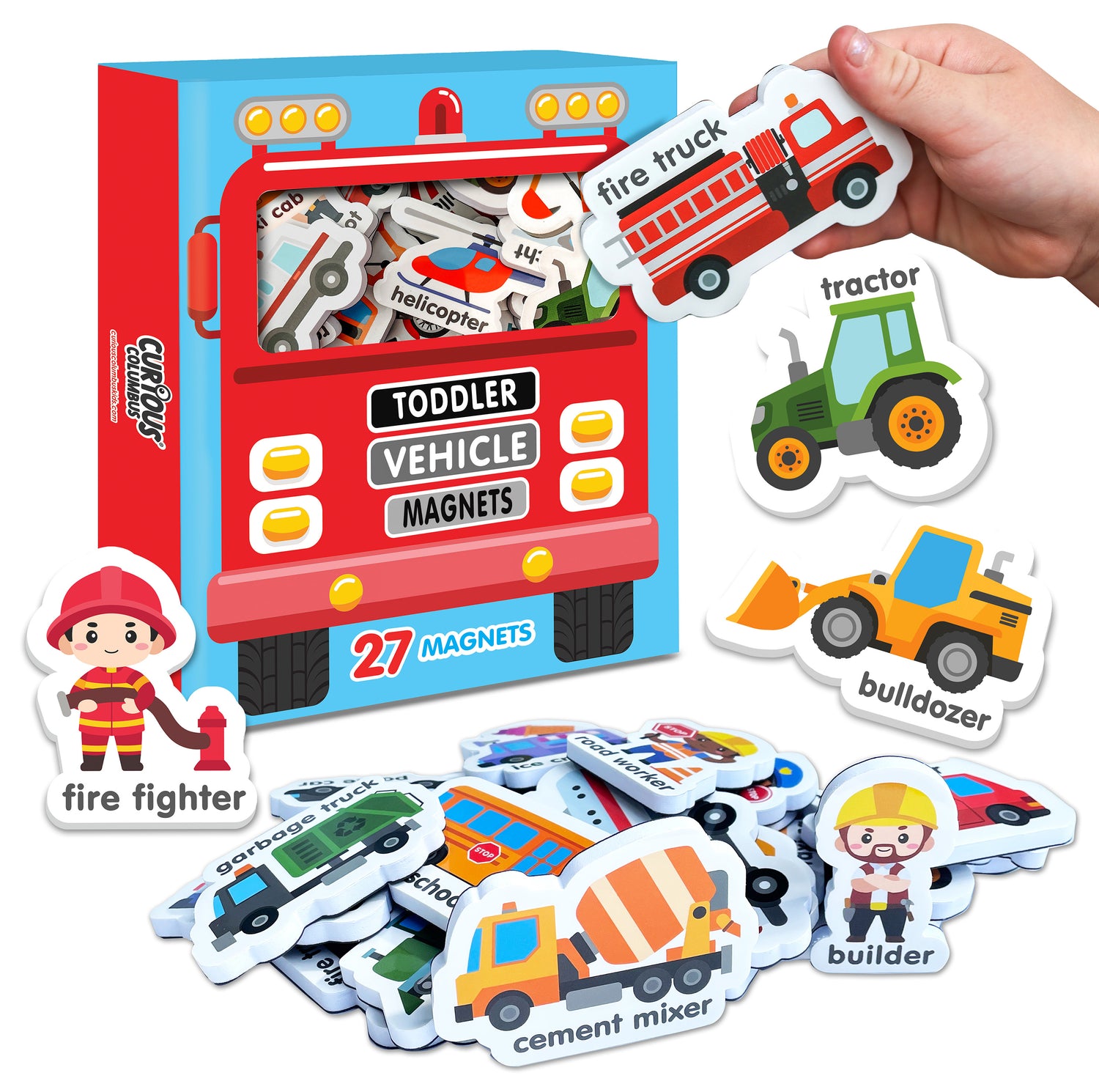 Curious Columbus Magnetic Vehicles – 27pc Educational Fridge Magnets – Curious Columbus Kids
