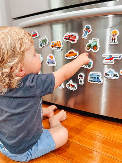 toddler magnets, refrigerator magnets for toddlers, fridge magnets for 0+, vehicle magnets, toy trucks
